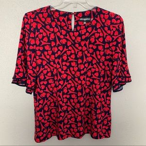 Karl Lagerfeld Paris All Over Print Blouse Womens Sz Large Hearts Ruffle Sleeve
